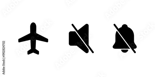 Airplane, mute, and silent bell mode icon. Flight, no sound, and notification off symbol
