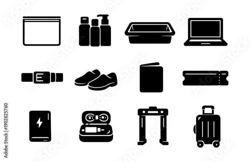 Travel essentials: electronics, footwear, and grooming icon set