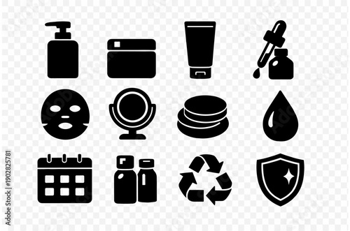 Beauty and skincare icons: lotion, makeup, recycling, shield, face mask