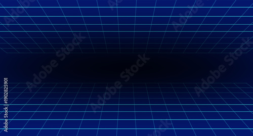 Futuristic neon grid background with a dark center. Retro 80s cyber aesthetic, perfect for technology, gaming, and digital themes. vector Eps 10