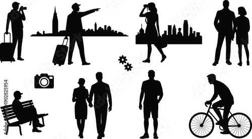 Urban lifestyle people silhouettes set with travel photography walking cycling and city skyline scenes, black vector illustration for modern life concept isolated on white background