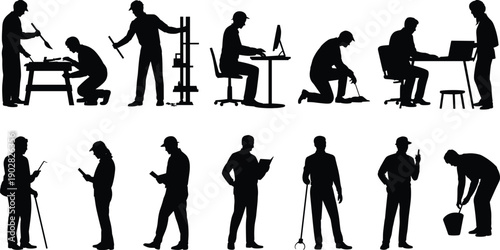 Working people silhouettes set, office workers technicians and laborers activities, professional occupations collection, daily work process scenes, black vector illustration