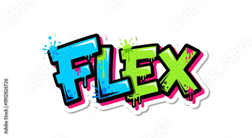 Vibrant graffiti style text Flex with colorful paint splatters