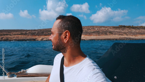 A tourist man visit Comino Island and Blue Lagoon in Malta