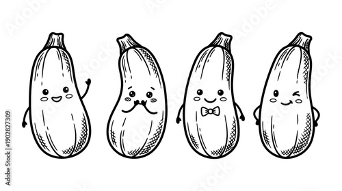 zucchini , 4 cute black Hand drawn line art cartoon vector, white background. PNG and SVG