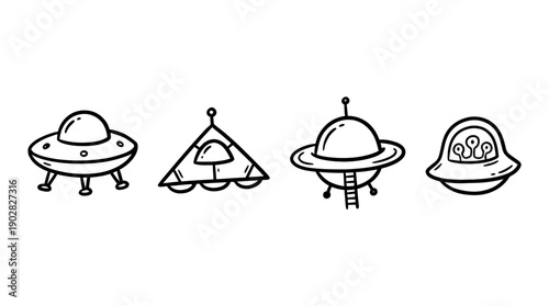 alien spaceship ufo , 4 cute black Hand drawn line art cartoon vector, white background. PNG and SVG