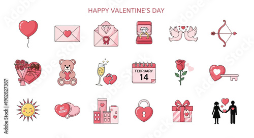 Collection of romantic and celebratory Valentine's Day icons, perfect for expressing love and affection