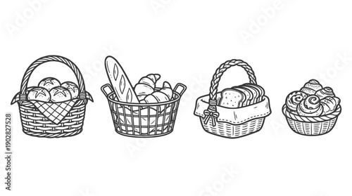 bread basket , 4 cute black Hand drawn line art cartoon vector, white background. PNG and SVG