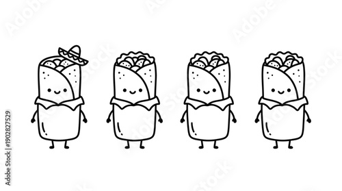 burrito , 4 cute black Hand drawn line art cartoon vector, white background. PNG and SVG
