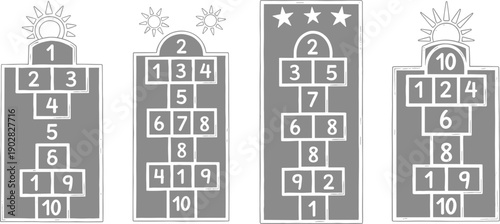 Illustration of four grey numbered hopscotch courts with varied numerical sequences outdoors in daylight