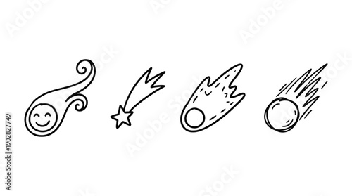 comet , 4 cute black Hand drawn line art cartoon vector, white background. PNG and SVG