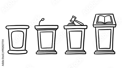 courtroom podium , 4 cute black Hand drawn line art cartoon vector, white background. PNG and SVG
