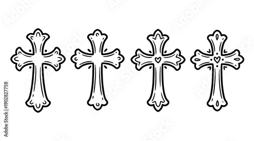 cross , 4 cute black Hand drawn line art cartoon vector, white background. PNG and SVG