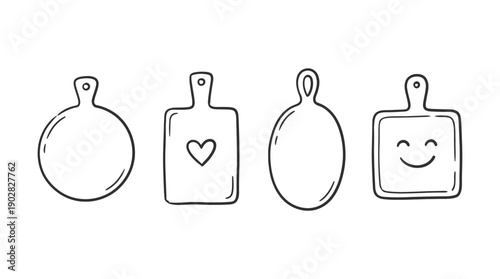 cutting board , 4 cute black Hand drawn line art cartoon vector, white background. PNG and SVG