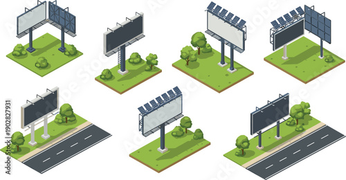 Billboards with blank advertisements standing beside a road surrounded by green grass and trees from a front viewpoint