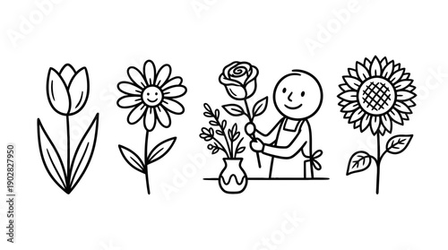 florist arranging a bouquet , 4 cute black Hand drawn line art cartoon vector, white background. PNG and SVG
