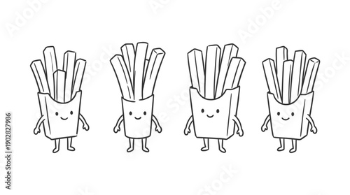 french fries , 4 cute black Hand drawn line art cartoon vector, white background. PNG and SVG