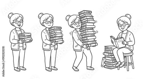 librarian holding a stack of books , 4 cute black Hand drawn line art cartoon vector, white background. PNG and SVG