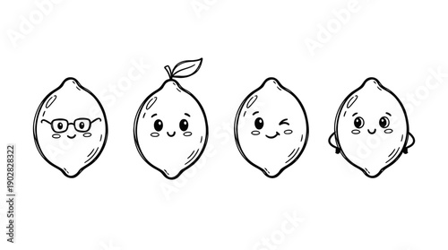 lime , 4 cute black Hand drawn line art cartoon vector, white background. PNG and SVG