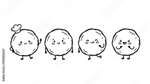 meatballs , 4 cute black Hand drawn line art cartoon vector, white background. PNG and SVG