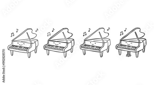 piano keyboard , 4 cute black Hand drawn line art cartoon vector, white background. PNG and SVG