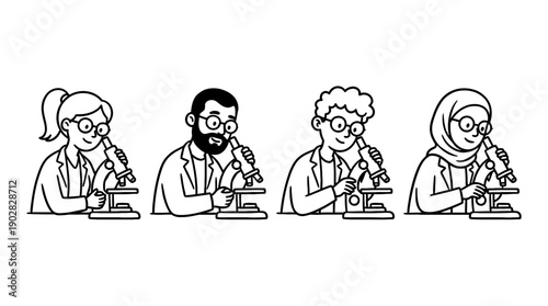 researcher looking through a microscope , 4 cute black Hand drawn line art cartoon vector, white background. PNG and SVG