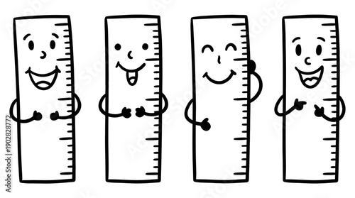 ruler , 4 cute black Hand drawn line art cartoon vector, white background. PNG and SVG