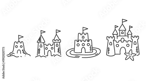 sand castle , 4 cute black Hand drawn line art cartoon vector, white background. PNG and SVG