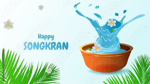 Songkran Thai New Year Water Festival Splash Vibrant flowers and joyful. For ads, web design, marketing. illustration.