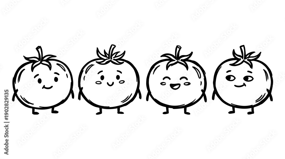Obraz premium tomato , 4 cute black Hand drawn line art cartoon vector, white background. PNG and SVG