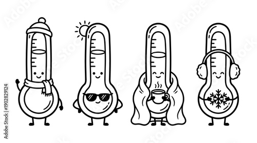 thermometer , 4 cute black Hand drawn line art cartoon vector, white background. PNG and SVG