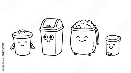 trash can , 4 cute black Hand drawn line art cartoon vector, white background. PNG and SVG