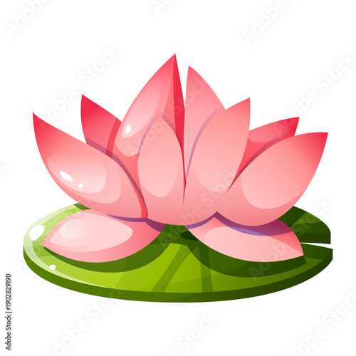 A delicate pink lotus flower with open petals on a green leaf, a water lily, side view. For designing banners and flyers on the theme of the East, yoga and meditation, weddings, icons, and logos.