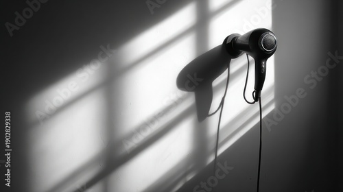 A monochrome close-up captures a hair dryer mounted on a wall, its cord trailing down.  Sunlight streams through a window, casting a grid-like shadow across the wall and the appliance