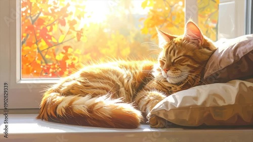 A ginger cat lounges on a window sill, sleeping in the sunlight with fall foliage in view