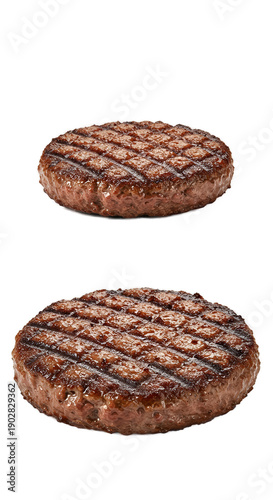 Two Grilled Burger Patties Isolated Realistic Photo on Brown Background