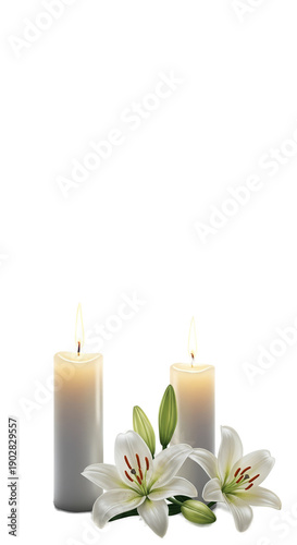 Two Lit Candles with White Lilies on Beige Background