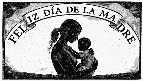 Silhouette of Mother Holding Baby with Mother's Day Banner