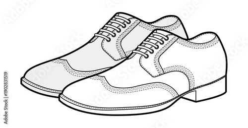 Wingtip brogue oxford mens sketch pair. Perforated leather footwear with classic wingtip detail smart dress style. Technical fashion illustration CAD mockup sketch vector women unisex isolated.