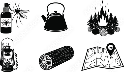 Black and White Camping Equipment Silhouette Vector Set Featuring Campfire, Map, Kettle, Lantern, Log, and Insect Repellent for Outdoor Adventure
