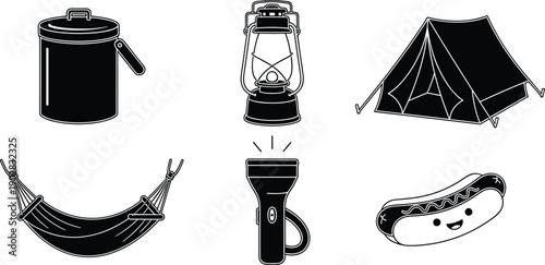 Black and White Camping Icon Vector Set Featuring Tent, Lantern, Hammock, Flashlight, and Cute Hot Dog for Outdoor Adventure Graphic Design