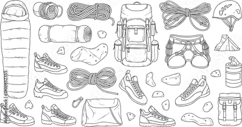 Black and white hand drawn vector set of climbing gear featuring hiking boots, backpacks, ropes, sleeping bags, and mountaineering equipment.