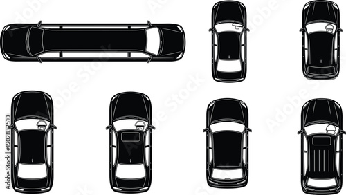 Black and white vector set of car top view icons featuring a limousine, sedan, hatchback, and luxury vehicles for maps.