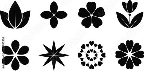 Black and white vector set of floral icons featuring lotus leaves, daisy shapes, tulip silhouettes, heart petals, and geometric flower ornaments.