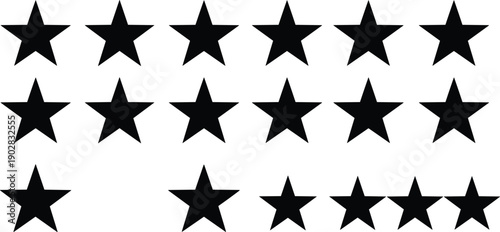 Black and white vector set of simple star silhouettes for rating systems, ranking icons, achievement symbols, and patriotic holiday decorations.