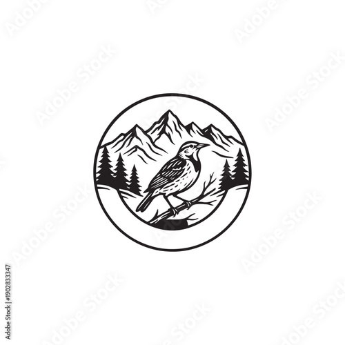 Minimalist Mountain and Bird Linocut Illustration