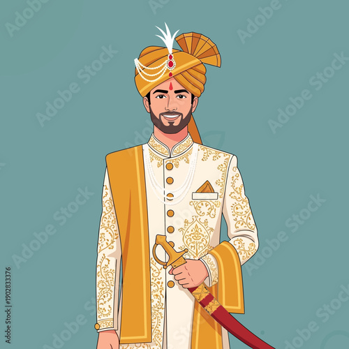 Indian groom in traditional wedding attire with sword