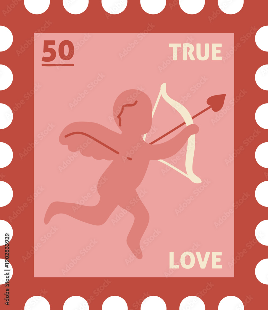 Fototapeta premium Cupid Shooting Arrow Romantic Postage Stamp