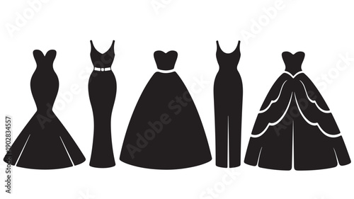 An elegant collection of five black silhouette illustrations showcasing various women's formal gowns and evening dresses, perfect for fashion, celebration, and event themes