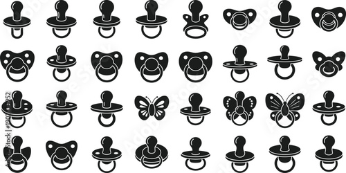 Black Baby Pacifier Silhouette Vector Set Featuring Various Soother Designs and Butterfly Teether Icons for Newborn Nursery Care and Parenting Graphics